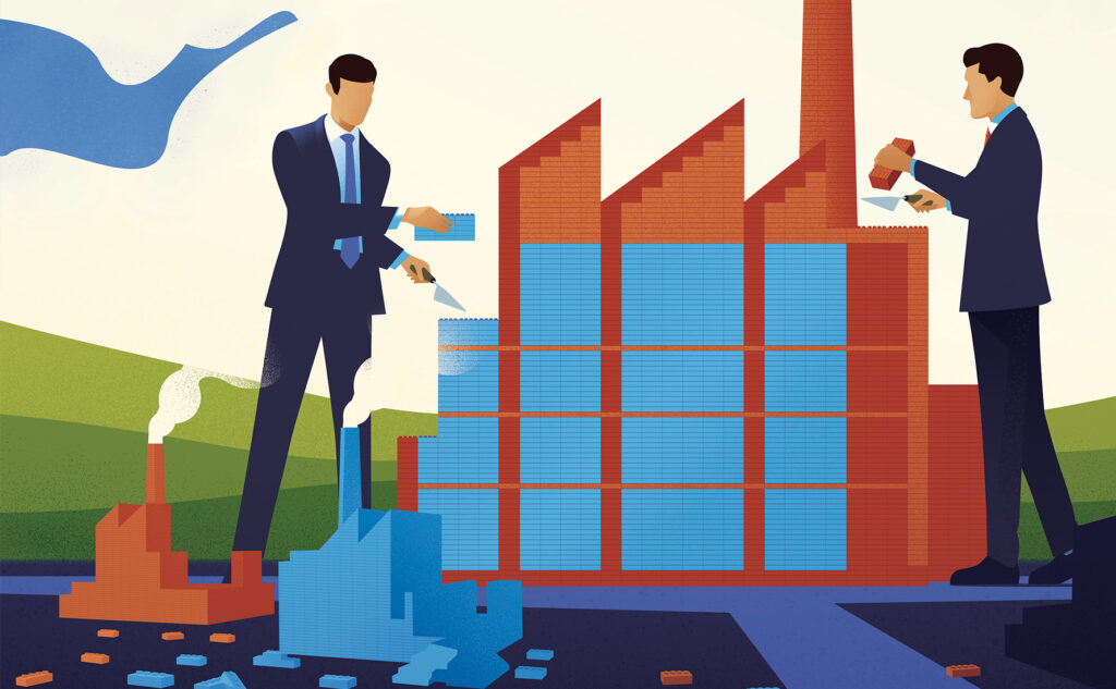 Illustration of two men in suits constructing a factory building.